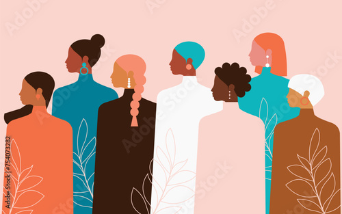 Women of different nationalities celebrate International Women's Day together. Vector.