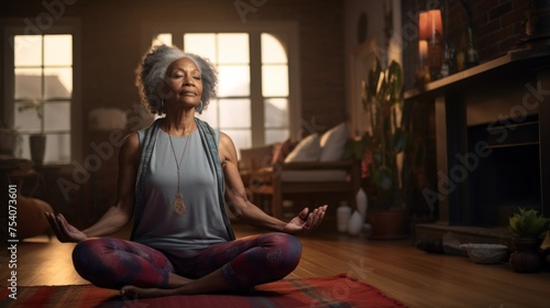 Black Senior woman practicing Yoga  Meditation at home. Sports  Workouts  Healthy lifestyle concepts.