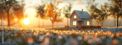 A serene 3D illustration of a miniature home in a glowing sunset landscape, reflecting a peaceful suburban life.