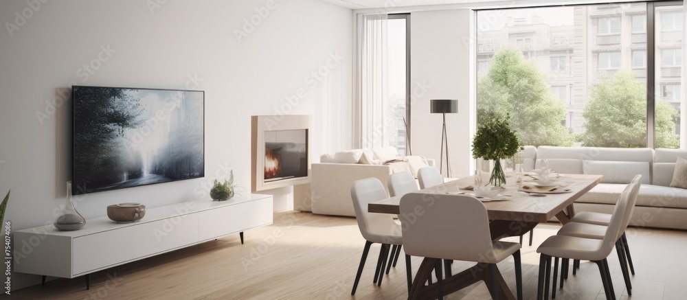 This image shows a contemporary living room with a dining table and chairs set up near a large window. The room features a modern white color scheme with a sofa and a television in the background. This image shows a contemporary living room with a dining table and chairs set up near a large window. The room features a modern white color scheme with a sofa and a television in the background.