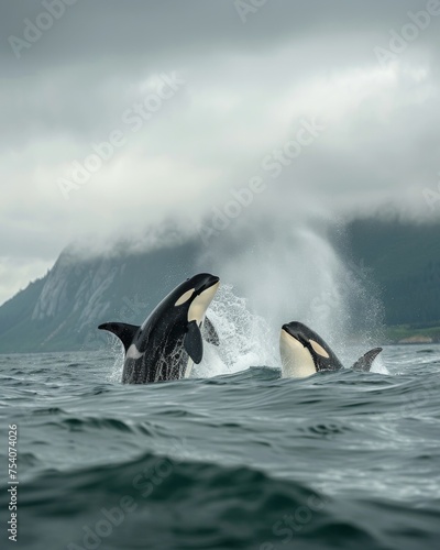 Intimate Moment of Orca Pair Surfacing in Misty Sea with Mountain Silhouettes