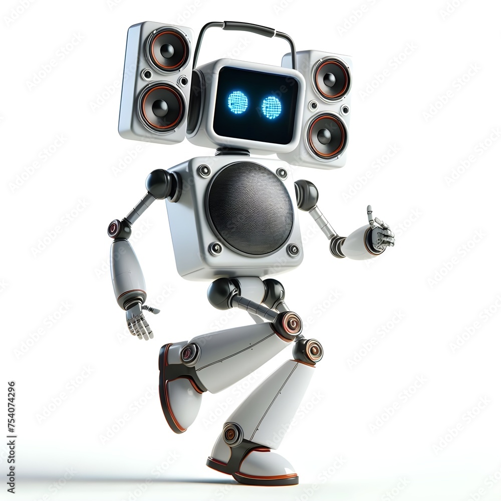3D rendered illustration of dancing robot with loudspeakers on white background, electronic music concept 3D rendered illustration of dancing robot with loudspeakers on white background, electronic music concept