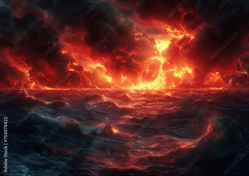 Apocalyptic Ocean Scene with Fiery Sky and Turbulent Waves