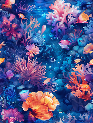 Immersive underwater digital artwork featuring oceanic shades and seamless patterns, showcased with detailed precision and vibrant hues, evoking a fantasy world with a touch of elegance and playfulnes © TechPeak Crafts