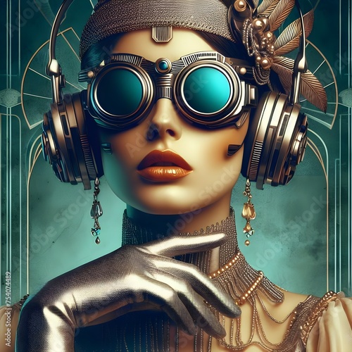 Avant Garde steampunk lady wearing headphones and visor glasses, music concept