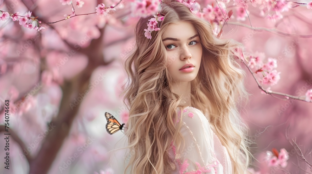 Blonde Woman Enchanted by Pink Cherry Blossoms in Quiet Garden, To convey a sense of peace, tranquility, and beauty in nature with a touch of Blonde Woman Enchanted by Pink Cherry Blossoms in Quiet Garden, To convey a sense of peace, tranquility, and beauty in nature with a touch of
