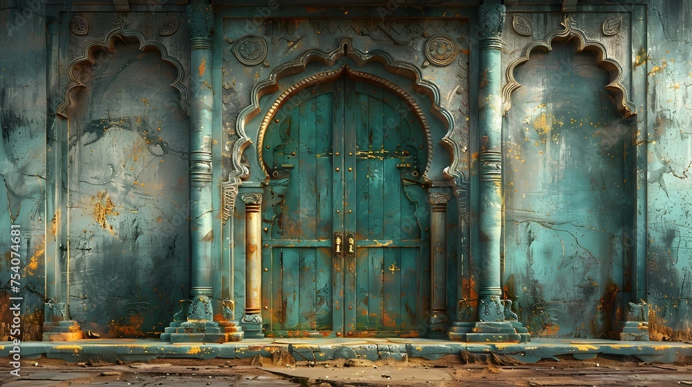 Teal Ancient Indian Door in Abandoned Temple Mystery, History, and Ornate Carvings Teal Ancient Indian Door in Abandoned Temple Mystery, History, and Ornate Carvings