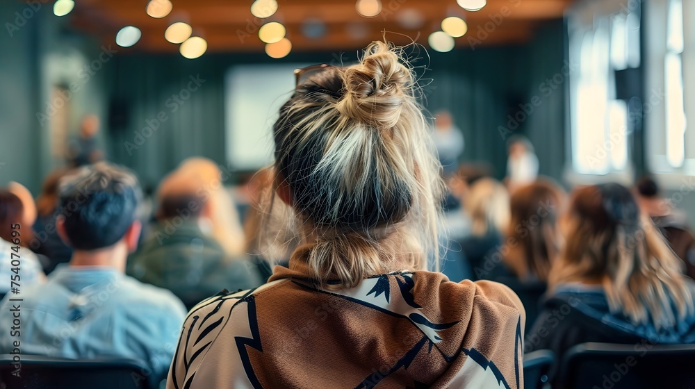 Blonde Woman Intently Listening in Conference Crowd