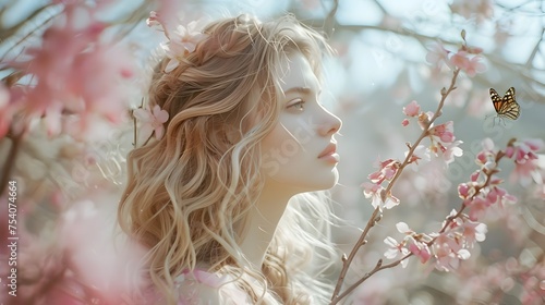 Blonde Girl in Peach Blossom Garden with Butterflies, To capture the essence of natures beauty and the simple pleasures of a quiet spring day, this photo