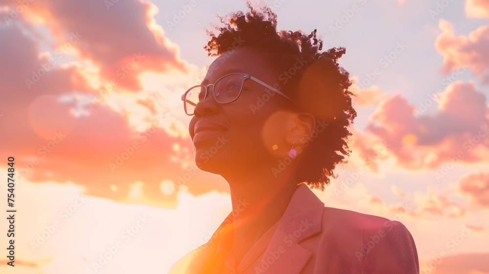 Jubilant Black Woman Smiling at Sunset, To convey a message of joy, confidence, and approachability in a professional setting Jubilant Black Woman Smiling at Sunset, To convey a message of joy, confidence, and approachability in a professional setting