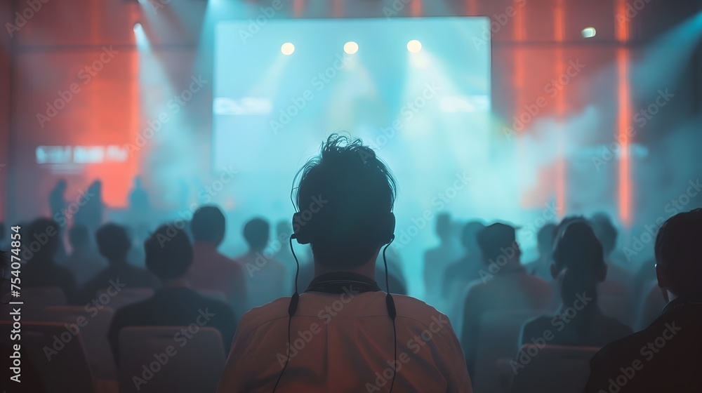 Person at AI Convention with Headphones Facing Away from Audience, To convey a sense of excitement and community during an AI convention, showcasing Person at AI Convention with Headphones Facing Away from Audience, To convey a sense of excitement and community during an AI convention, showcasing