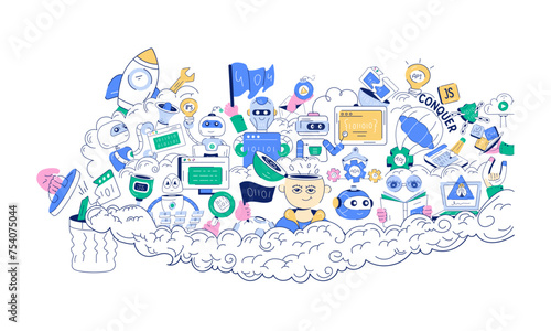 Programming mural in doodle style designed with various development elements 