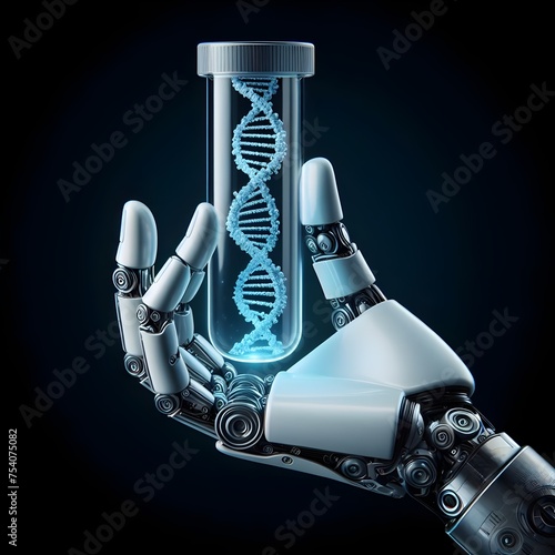 Robot hand holding test tube with DNA helix inside, 
artificial intelligence medical healthcare research concept