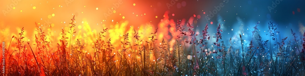 Vibrant Gradient Background with Grass and Ethereal Raindrops Amidst Warm and Cool Tones Vibrant Gradient Background with Grass and Ethereal Raindrops Amidst Warm and Cool Tones