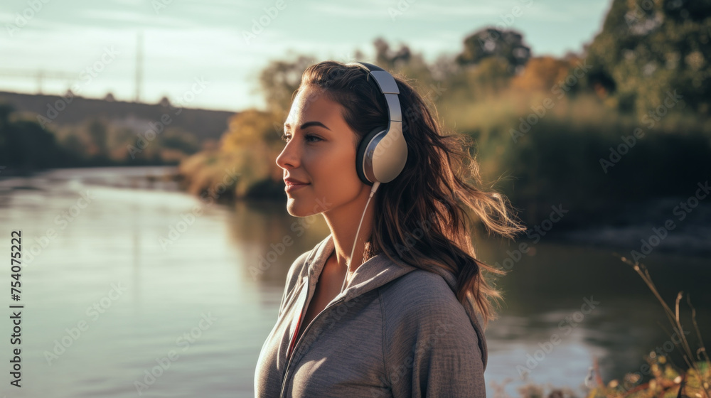 A young happy Woman with headphones is training by the river. Running, Exercise, Sports, Summer, Workout, Healthy lifestyle concepts.