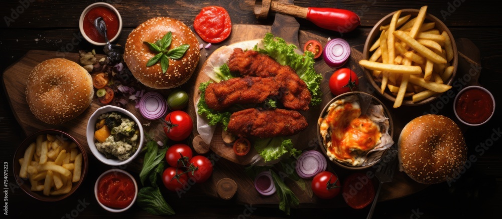 pizza, Hamburgers, fried chicken and sides. Top view on wooden table background pizza, Hamburgers, fried chicken and sides. Top view on wooden table background