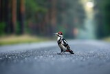 Woodpecker standing on the road near forest at early morning or evening time. Road hazards, wildlife and transport.