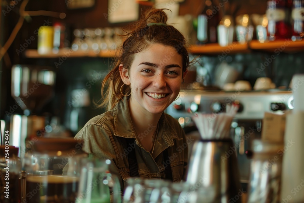 Beautiful female barista and smiles while working behind the bar counter in a cafe.