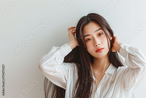 Long hair Korean girl wake up at the morning