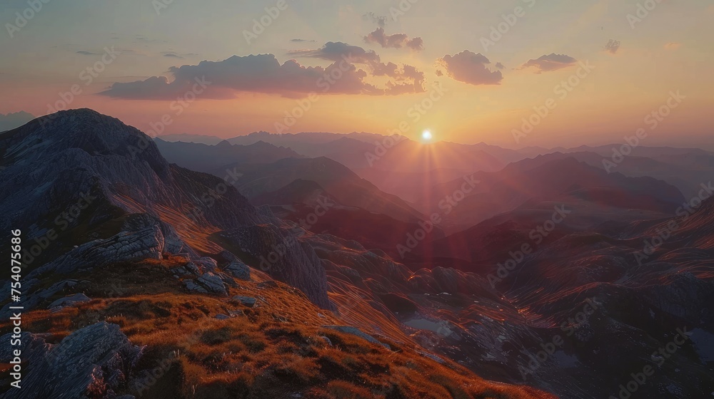 The view from atop a mountain summit as the sun sets, with the entire landscape enveloped in a soft orange glow, offering a moment of tranquility and awe-inspiring beauty. 8k