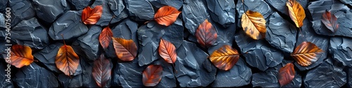 Dark Gray Slate Wall with Autumn Leaves, To provide a unique and eye-catching design element that showcases the beauty of autumn leaves and the photo
