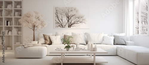 The living room is filled with white furniture  including a sofa and coffee table  showcasing a minimalist Scandinavian interior design. A large window provides ample natural light 