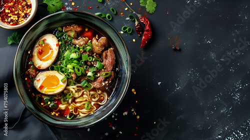 Asian ramen soup with meat egg chives and spices.generative ai