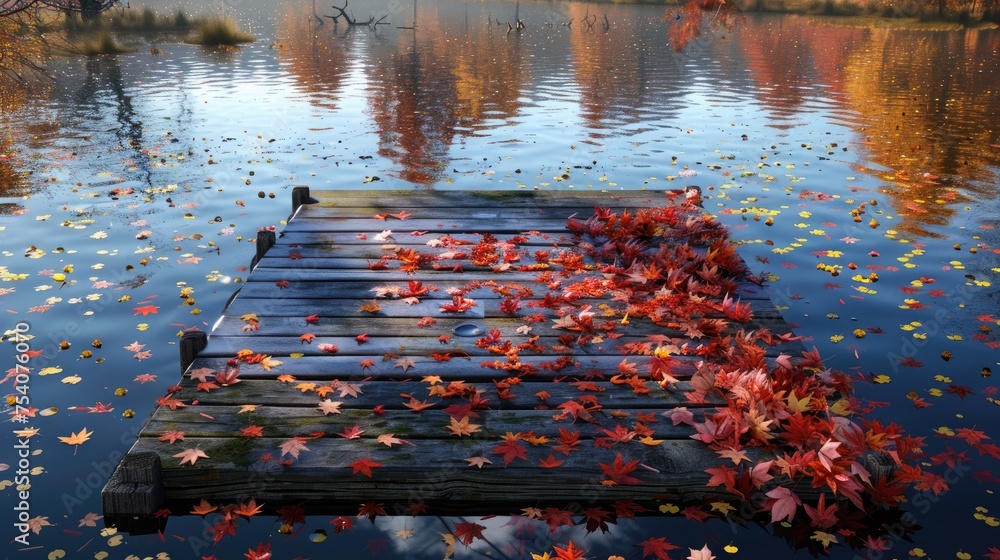 Φωτογραφία The vibrant reflection of autumn leaves on a still lake, with a wooden dock extending into the water, offering a peaceful spot to observe the seasonal change and the beauty of nature