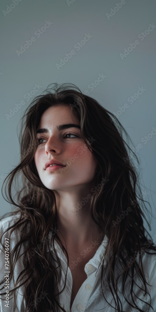 Beauty portrait of a natural young woman with a soft grey copy space background Beauty portrait of a natural young woman with a soft grey copy space background