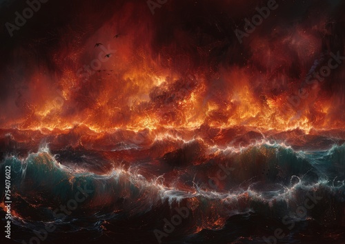 Tumultuous Sea with Towering Waves Under a Fiery Sky in an Apocalyptic Vision