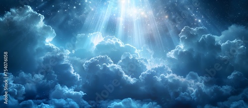 Divine Light Beam in Ethereal Heavenly Scene with Stars and Fluffy Clouds