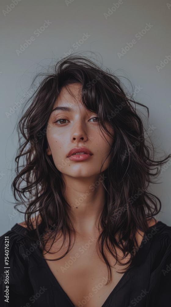 Fototapeta premium Beauty portrait of a natural young woman with a soft grey copy space background