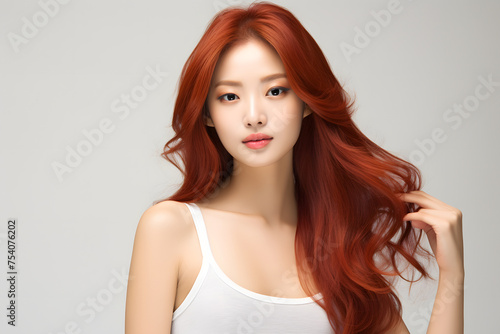 Red curls hair model presenting her hair