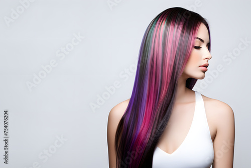 Pink purple hair coloring Korean model girl in white background with copy space