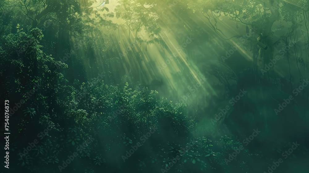 Φωτογραφία The tranquil beauty of a misty Amazon forest at dawn, with the sun's soft light filtering through the mist, illuminating the rich greens of the undergrowth and the towering trees above