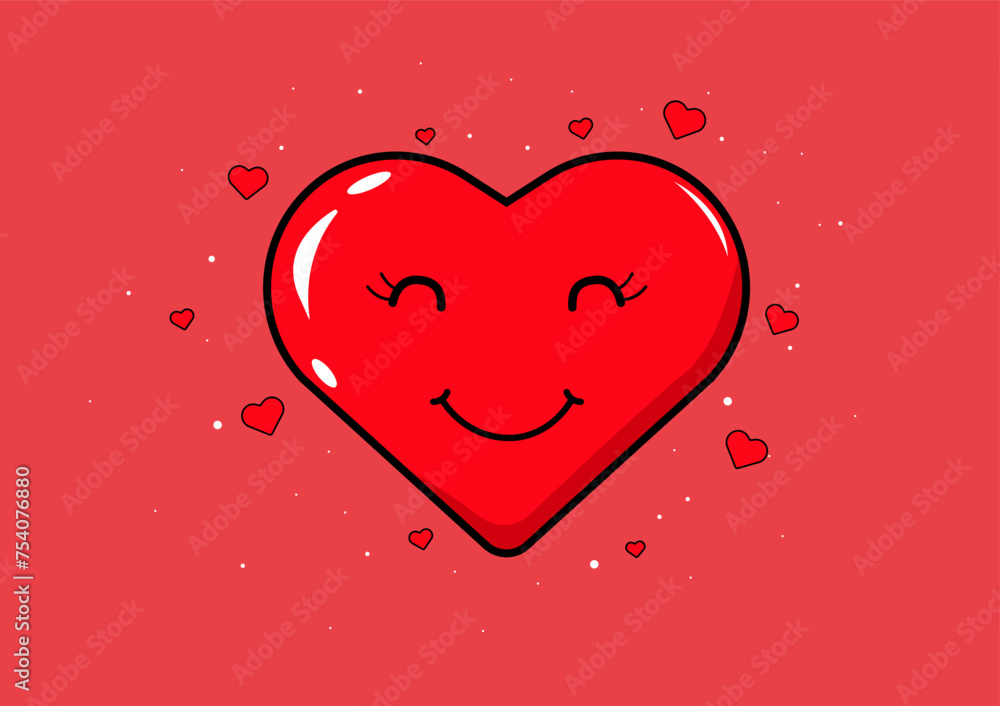 Cartoon vector illustration of a smiling red heart surrounded by smaller hearts.  the joyful expression of the main heart, surrounded by a loving embrace of smaller hearts.