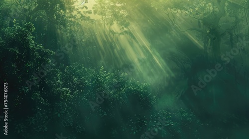 The tranquil beauty of a misty Amazon forest at dawn, with the sun's soft light filtering through the mist, illuminating the rich greens of the undergrowth and the towering trees above. 8k