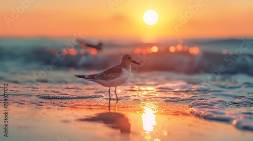 The sun setting over the sea, with its reflection on the wet sand at the shore and a seabird walking along the waterline. 8k