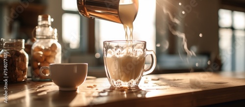 pouring milk into a coffee glass and ice cubes on the kitchen table photo