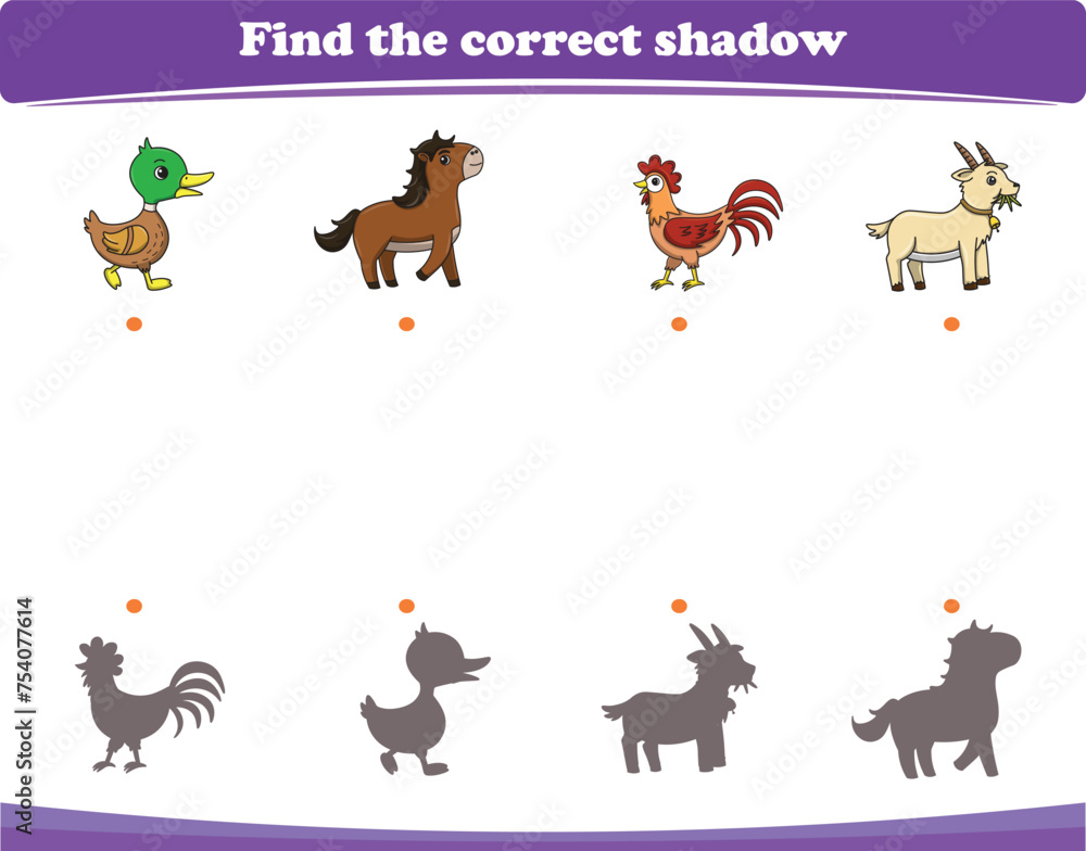 Education game for children find the correct shadow of cute wild animal cartoon. Vector Illustration