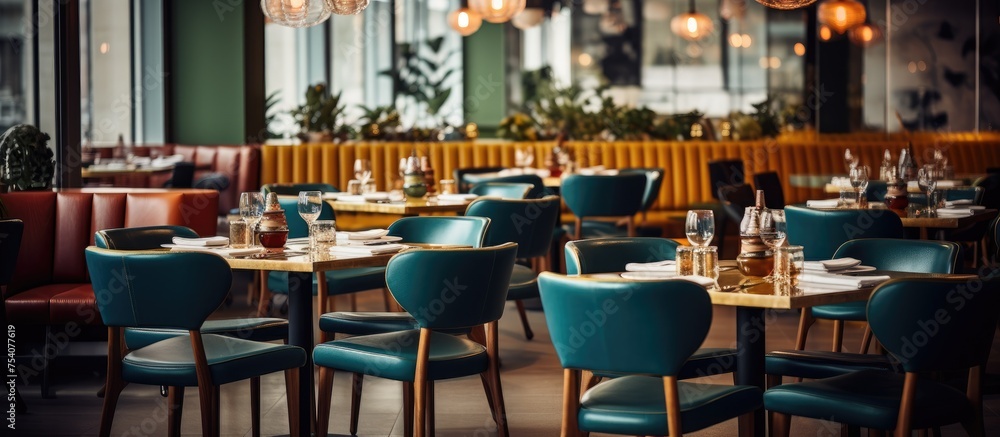 A restaurant is filled with numerous tables and chairs, creating a bustling atmosphere. Diners are seated, chatting, eating, and enjoying their meals in a lively setting.