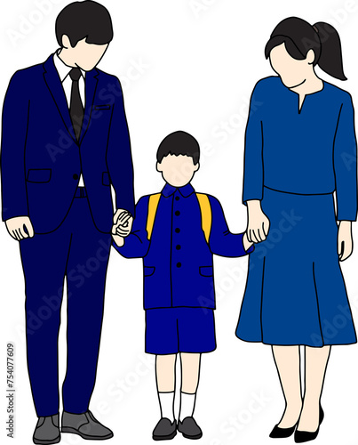 3 members of family standing together flat vector illustration. Parents hold their son's hands to school.
