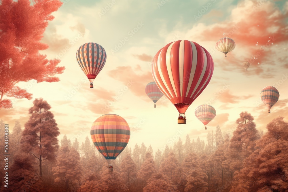A group of hot air balloons  floating in the air over a forest, Vintage style 3D illustration of Valentine's day background, Ai generated