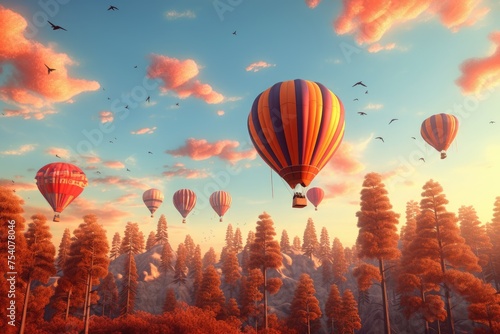 Hot air balloon flying over a forest filled with trees  Hot air balloons flying over the forest 3D illustration Vintage style 3D illustration of Valentine s day background   Ai generated