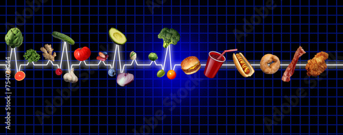 Food ECG Concept as a normal healthy EKG or flatline heart rate rythm as a cardiac disorder monitoring due to diet choices. photo