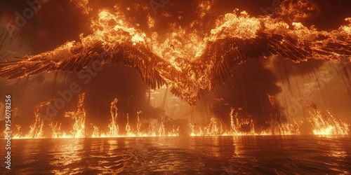 Fiery Phoenix Rising from Flames Over Water, Majestic Fire Bird Soaring, Epic Fantasy Creature in Inferno, Flaming Wings Spread, Symbol of Rebirth and Immortality, Intense Firelight Reflection