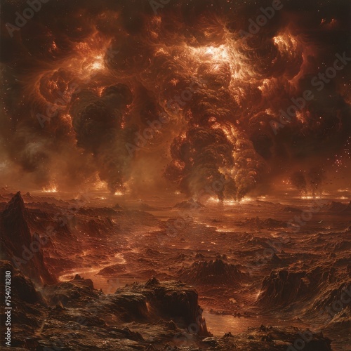 Apocalyptic Vision of a Lava-Filled Landscape Under a Stormy, Fiery Sky