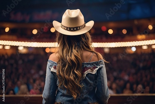 woman in cowboy hat looking at audience in large auditorium, wearing cowboy hat, photo from behind of a cowboy, wearing a cowboy