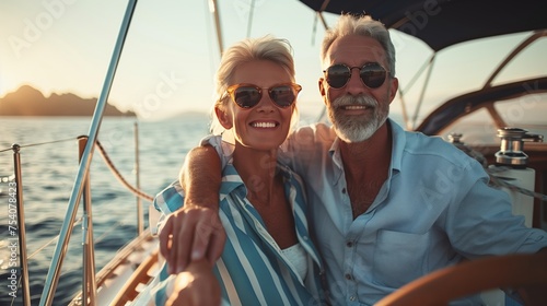 Beautiful retired senior couple enjoying cruise vacation