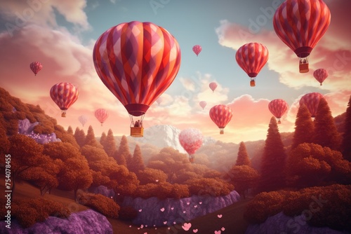 A group of hot air balloons floating in the air over a forest, Vintage style 3D illustration of Valentine's day background, Ai generated